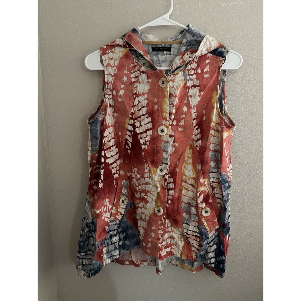 For Cynthia Multicolor Linen Viscose Sleeveless Hooded Button-Up Tunic Top PM